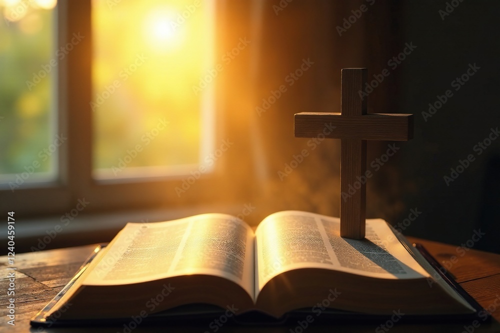 A cross with an open Bible at the bottom shines under sunlight, cross, , holy A cross with an open Bible at the bottom shines under sunlight, cross, , holy