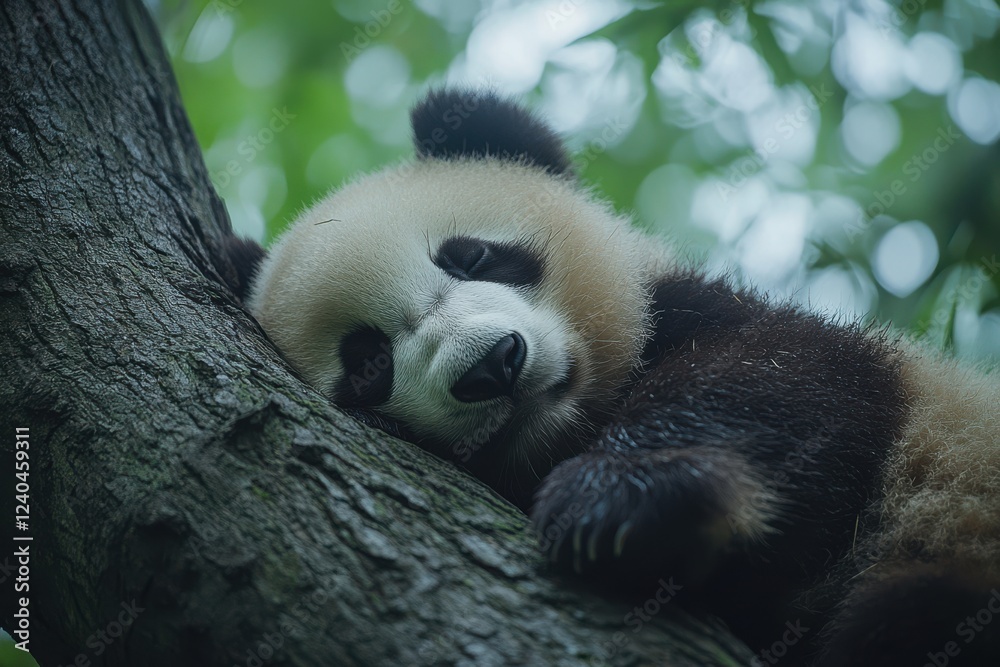 Obraz premium Panda Resting Peacefully on a Tree Branch in Lush Forest