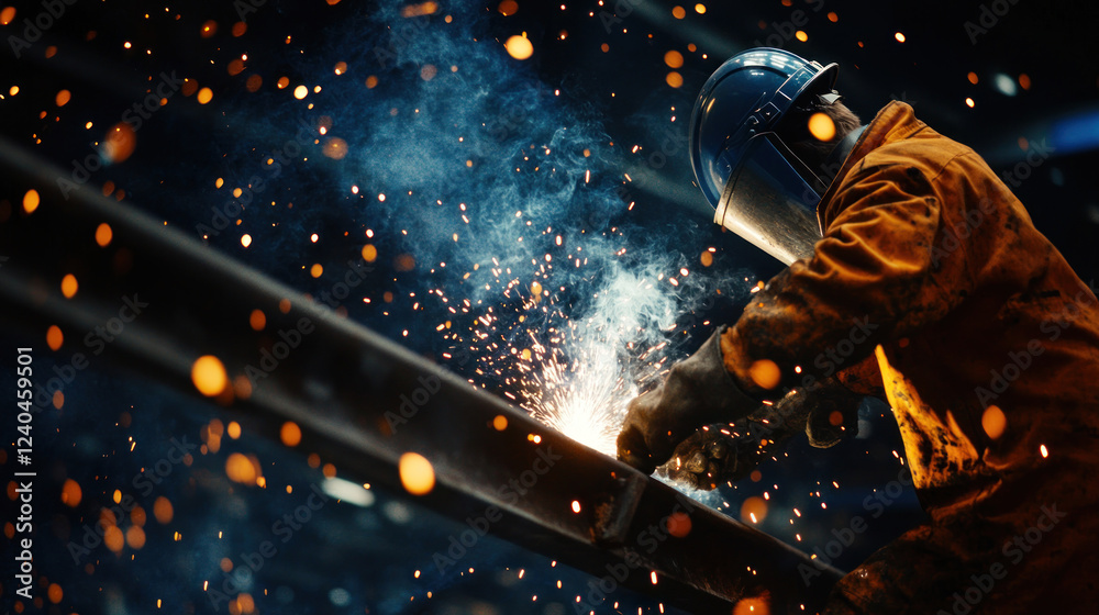 the process of welding metal. A worker, dressed in a protective suit and a helmet with a mask, performs welding work, sparks fly in different directions, the process of welding metal. A worker, dressed in a protective suit and a helmet with a mask, performs welding work, sparks fly in different directions,