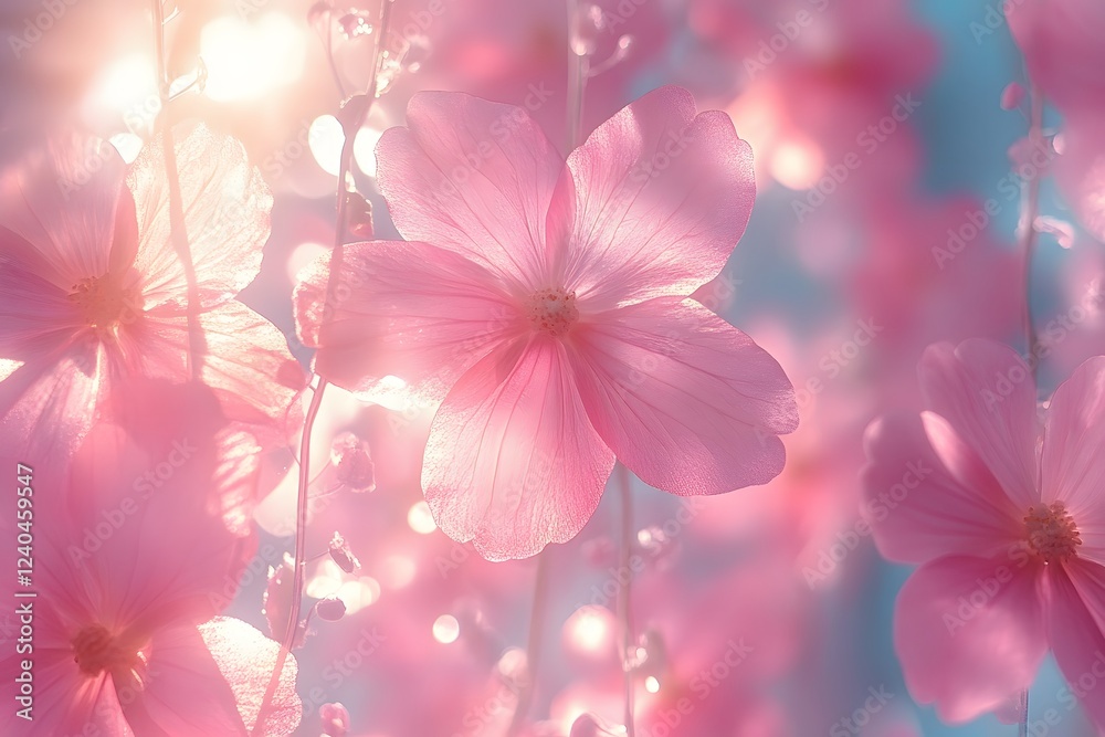 Delicate Pink Flowers in Sunlit Glow with Soft Bokeh for Elegant Floral Design Delicate Pink Flowers in Sunlit Glow with Soft Bokeh for Elegant Floral Design