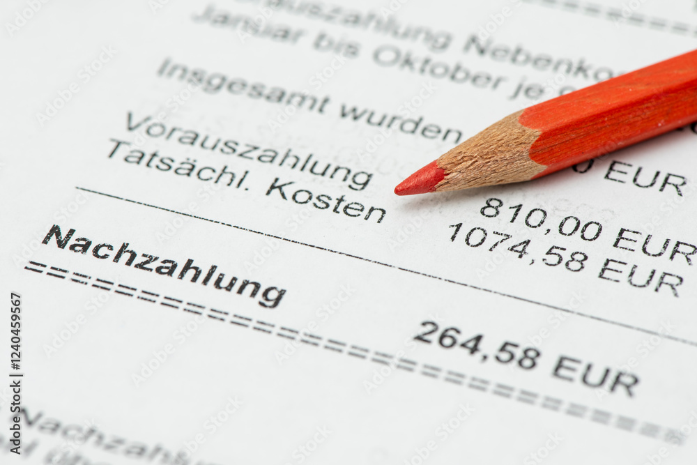 Ein Rotstift liegt auf einer Nebenkostenabrechnung für eine Mietwohnung mit Berechnung des persönlichen Verbrauchs und einer Nachzahlung - Symbolbild Ein Rotstift liegt auf einer Nebenkostenabrechnung für eine Mietwohnung mit Berechnung des persönlichen Verbrauchs und einer Nachzahlung - Symbolbild