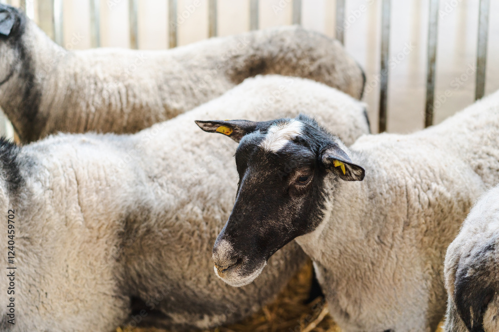 Sheep inside pen in barn on a livestock farm Sheep inside pen in barn on a livestock farm