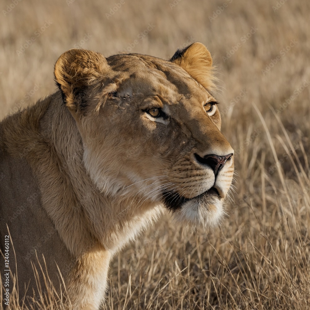A regal lioness prowling gracefully against a bright white background. A regal lioness prowling gracefully against a bright white background.