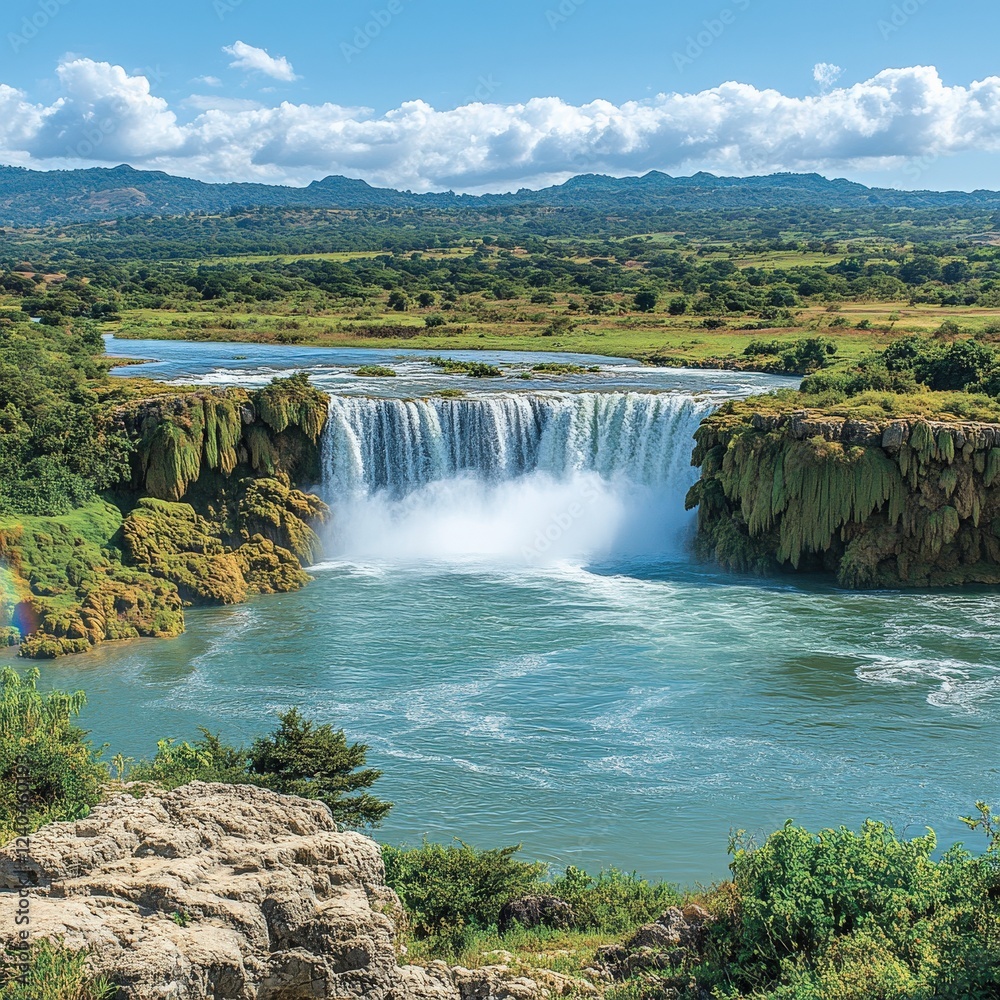 Fototapeta premium Majestic waterfall panoramic view with turquoise river lush greenery mountains under blue sky perfect for nature travel inspiration and landscape photography