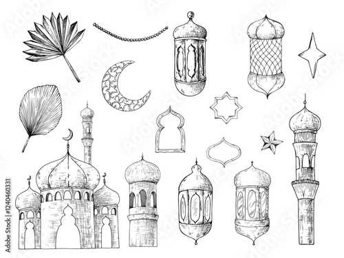 Vector set of Islamic arabian lanterns, pampas grass, stars. Graphic illustration isolated on background. Muslim hand drawn line sketch, holiday Ramadan Kareem or Eid Al Adha 2025. For designers