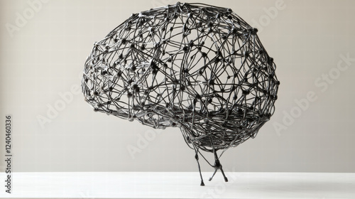 brain sculpture made of interconnected wires symbolizes creativity and intelligence. intricate design showcases complexity of thought and neural connections, evoking curiosity and inspiration