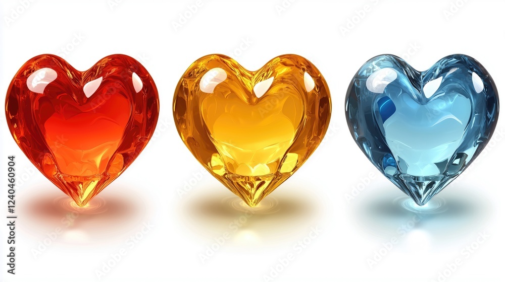Three vibrant glass hearts in red, orange, and blue, symbolizing love, joy, and tranquility, perfect for celebrations and heartfelt gifts. Three vibrant glass hearts in red, orange, and blue, symbolizing love, joy, and tranquility, perfect for celebrations and heartfelt gifts.