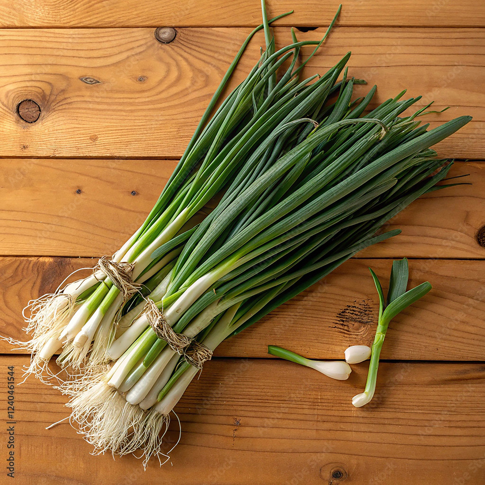 Bunch of fresh green onions on wooden table, top view. Space for text Bunch of fresh green onions on wooden table, top view. Space for text