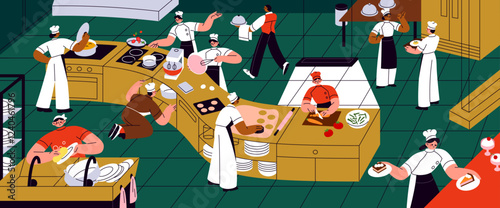 Lots of professional chefs cooking in restaurant kitchen interior. Staff of cafe works, cooks food, eating. Many people in uniform preparing meals, frying, baking pastry. Flat vector illustration