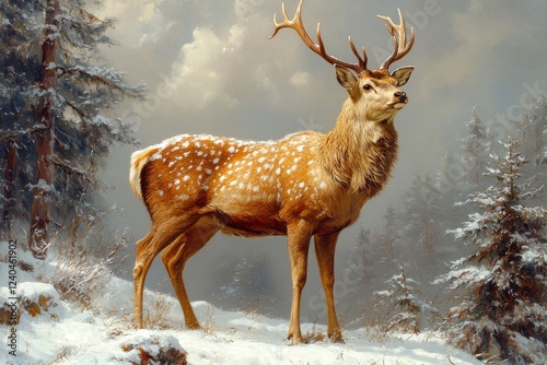 Majestic Deer Standing in Snowy Forest Clearing - Ideal for Nature and Wildlife Art photo