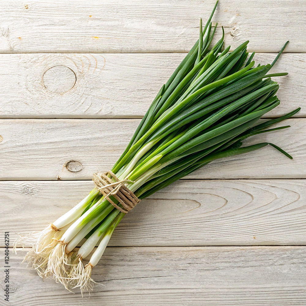 Bunch of fresh green onions on wooden table, top view. Space for text Bunch of fresh green onions on wooden table, top view. Space for text