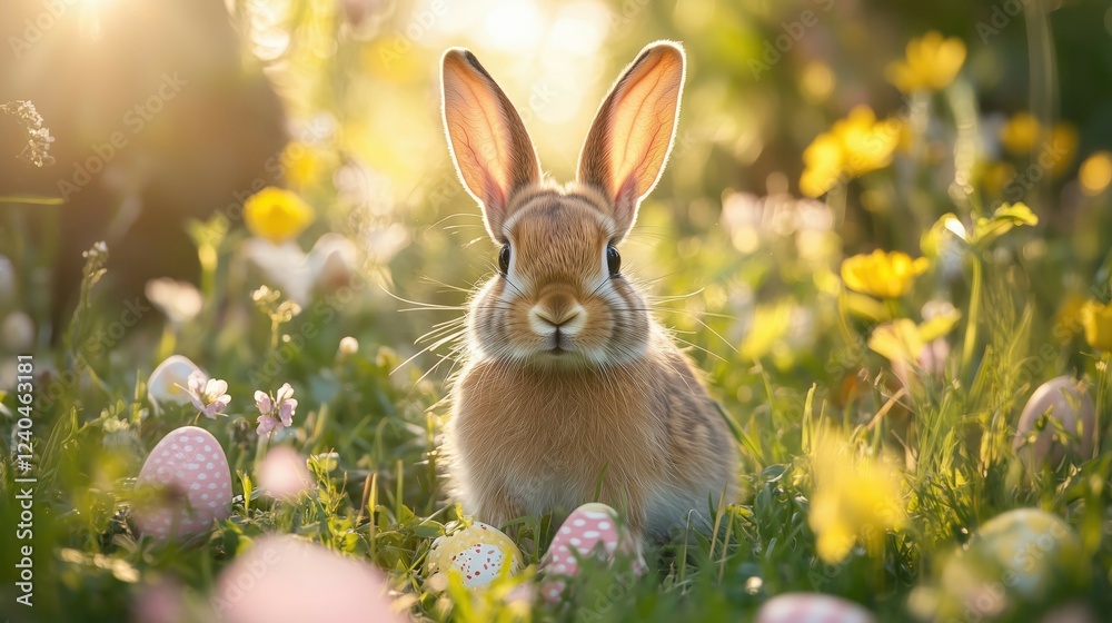 A cute bunny surrounded by colorful Easter eggs and vibrant flowers, capturing the essence of spring and joy during the Easter holiday.