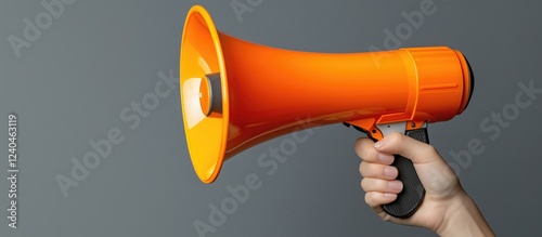 A person holding a bright orange megaphone, symbolizing communication, announcement, and enthusiasm in a dynamic setting. photo