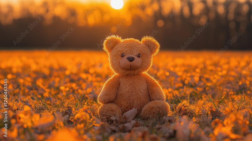 Fototapeta premium A cute teddy bear sitting in a field of golden autumn leaves, illuminated by a warm sunset, evoking feelings of nostalgia and comfort.
