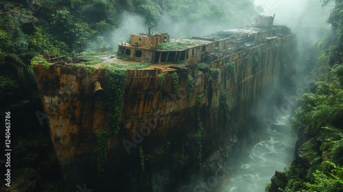 Abandoned tanker draped in vines stands on a cliffside surrounded by tall banana trees and mist rain still glistening Sunlight casts soft shadows through the overgrown mysterious forest landscape