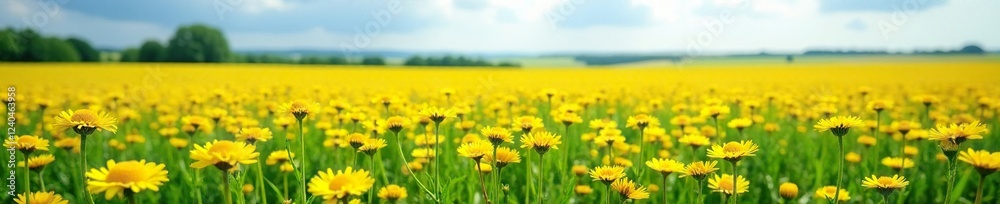 Fototapeta premium Field of golden chamomile flowers stretching far and wide, natural, chamomile, grass