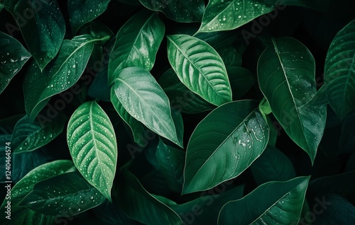 Lush green leaves, dew drops, garden background, nature texture photo