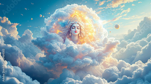 goddess subhadra floating among clouds with a divine, symbolizing peace, cosmic protection, and spirituality in hindu beliefs photo