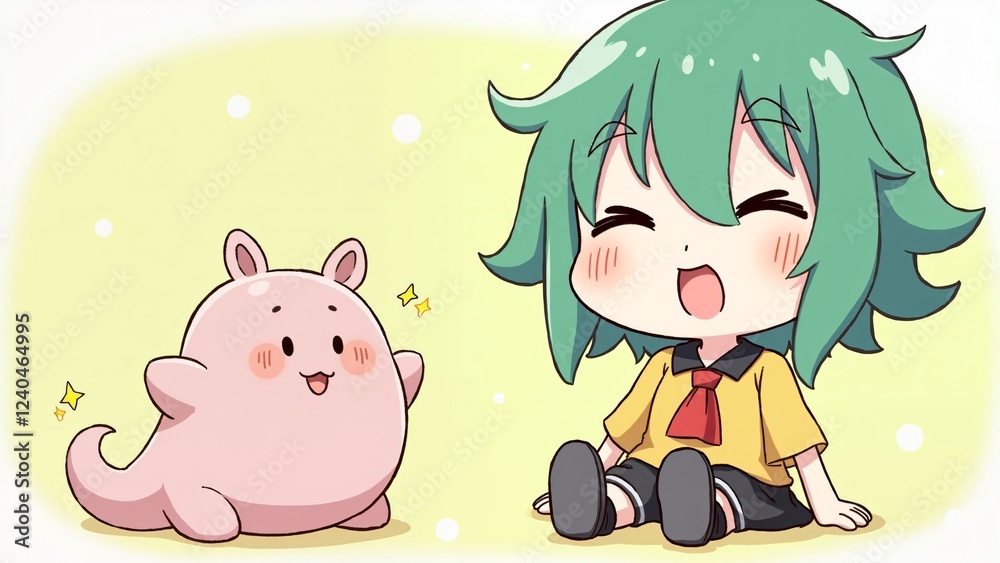 Happy Girl and Cute Blob Creature Cartoon Illustration Happy Girl and Cute Blob Creature Cartoon Illustration