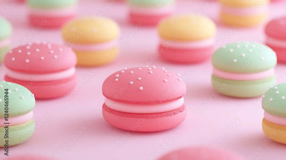 Colorful Macarons with Sprinkles on a Soft Pink Background for Sweet Dessert Inspiration and Culinary Art Colorful Macarons with Sprinkles on a Soft Pink Background for Sweet Dessert Inspiration and Culinary Art
