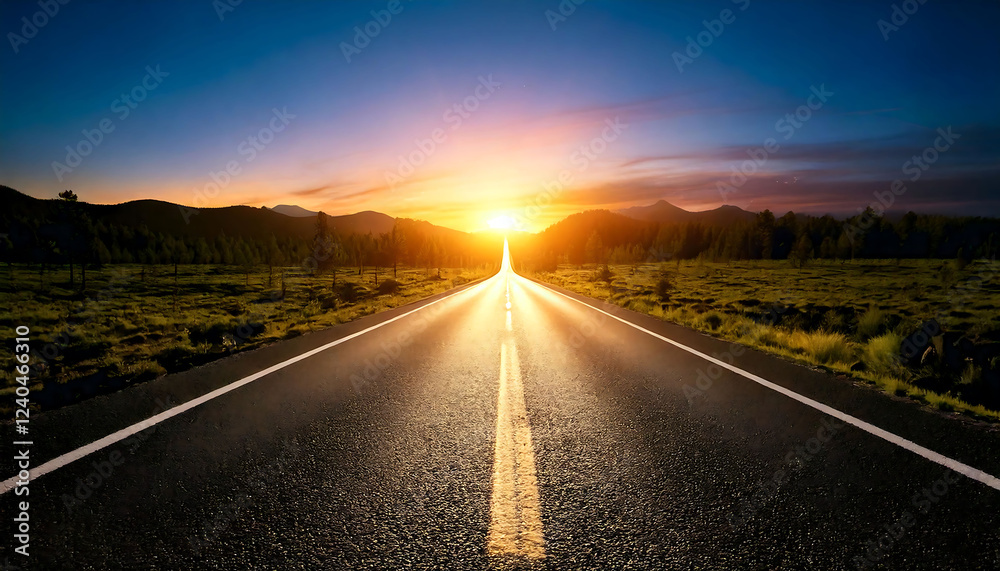 Fototapeta premium Stunning sunset over a scenic highway disappearing into the horizon. Ideal for travel, adventure, or freedom concepts. High-resolution image perfect for websites, brochures, and more.