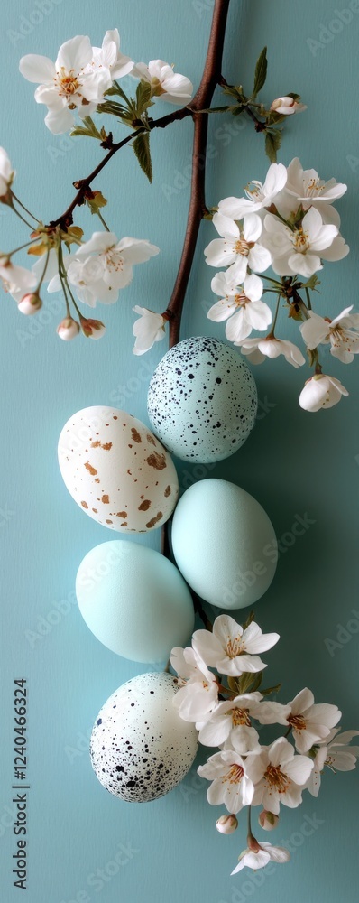 Fototapeta premium Pastel Easter Eggs and Blossoms: Delicate pastel-colored Easter eggs nestled amongst the delicate blossoms of a cherry branch, creating a serene and elegant springtime scene.
