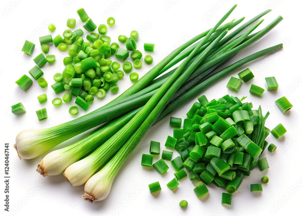 Fresh Chopped Green Onions, Chives, & Leeks Isolated on White - Top View Fresh Chopped Green Onions, Chives, & Leeks Isolated on White - Top View