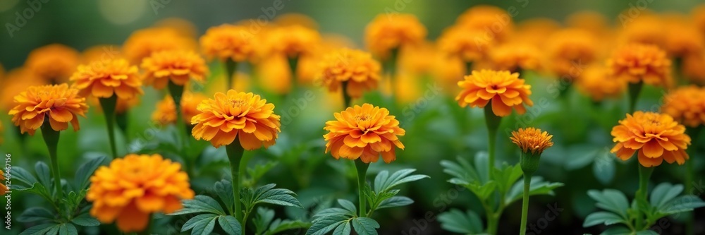 Marigolds nestled among tender shoots and stems, stems, growth, foliage Marigolds nestled among tender shoots and stems, stems, growth, foliage