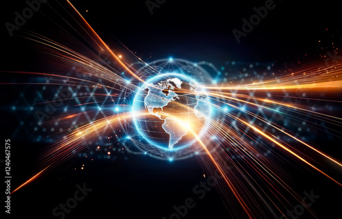 Wallpaper Mural A glowing blue globe with continents and grid lines is surrounded by a web of connected points. Torontodigital.ca