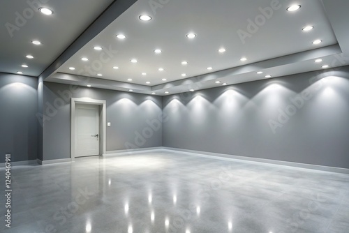 Minimalist Empty Room Interior: Gray Wall, White Floor, Recessed Lighting