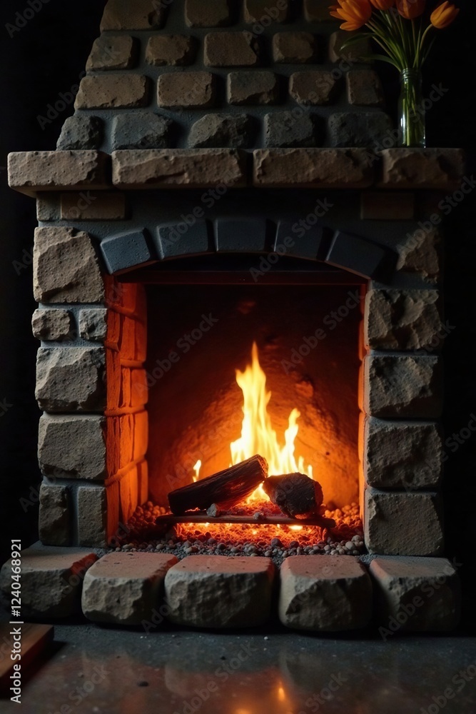 Obraz premium Burning embers in a stone fireplace with soft glow, peaceful, flames, warm