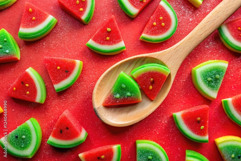 Naklejka premium Silhouette of Colorful Gummy Watermelon Candy Slices with Wooden Spoon on Red Background