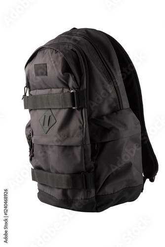 Black backpack isolated on white background side view cutout