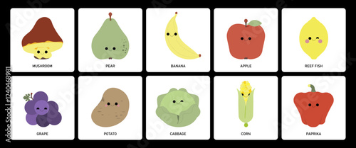 Cute vegetable and fruits with funny kawaii faces. Happy smiling set of healthy food. Cheerful mushroom, lemon, cabbage and paprika. Flat graphic vector illustration isolated on white background.