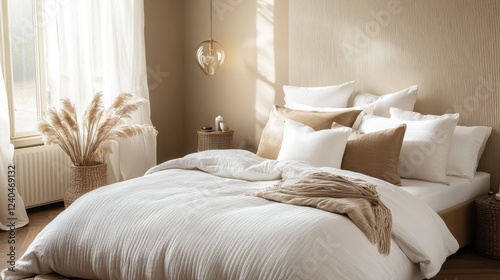 A bedroom interior in Mocha Mousse color, soft natural and ambient lighting, minimalist aesthetic.