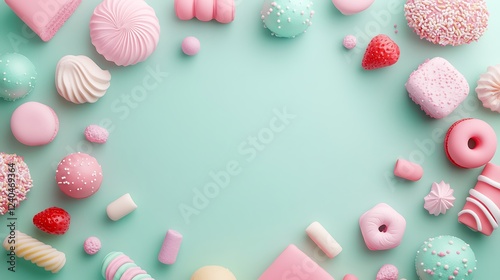 Colorful Pastel Candies and Sweets on Mint Background for Bright and Fun Design Projects