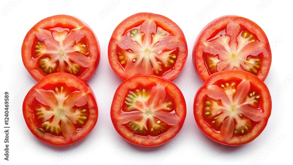 Top View Isolated Round Tomato Slices on White Background, Perfect for Culinary Stock Photos Top View Isolated Round Tomato Slices on White Background, Perfect for Culinary Stock Photos