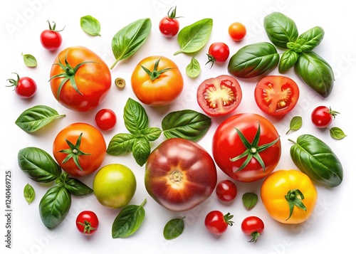 Vibrant Colorful Tomatoes & Basil Flat Lay - Fresh Produce Top View