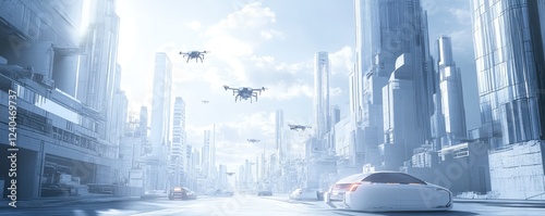 Flying cars and drones in a futuristic city skyline photo