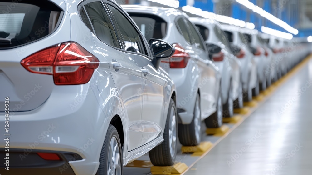 New cars parked in a row in factory, ready for shipping, awaiting distribution. New cars parked in a row in factory, ready for shipping, awaiting distribution.