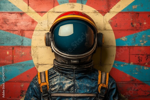 Astronaut in vintage space suit stands before a colorful mural on a brick wall