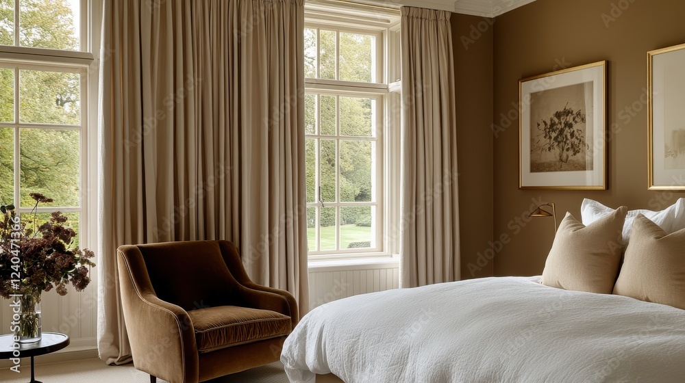 Fototapeta premium A bedroom interior in Mocha Mousse color, soft natural and ambient lighting, minimalist aesthetic.