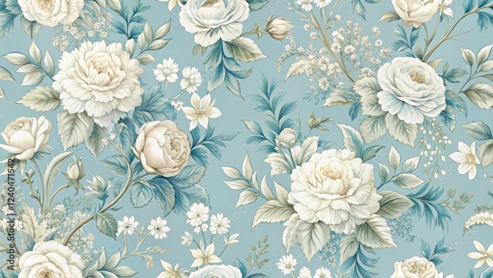 Fototapeta Elegant floral toile blue pattern with delicate white roses and leaves on a soft pastel background, reminiscent of classic French art nouveau designs , wallpaper, interior design
