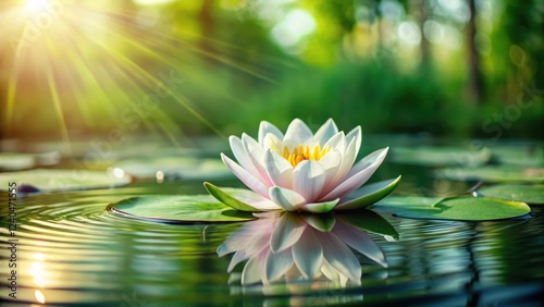 Serene water lily on a lake with lush greenery and sunlit ripples, zen, lotus,  zen