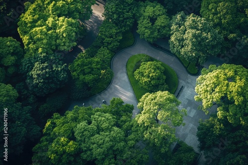 Aerial view of a winding park pathway among trees