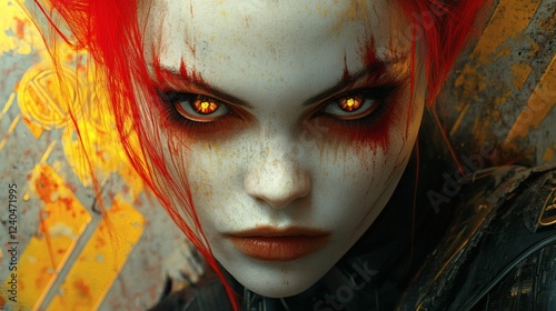 Albino gothic woman dynamic redyellow hair and piercing black eyes wielding a sharp knife posed on a damaged neon typographic structure with gold red and yellow inkflow effects and geometric patterns