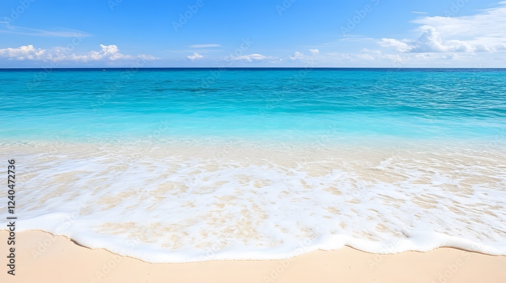 Fototapeta premium Serene Beach Scene, Turquoise Water, White Waves, Sandy Shore