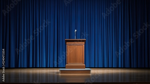 Wooden lectern placed on a sleek stage with royal blue curtains as a simple yet striking backdrop photo