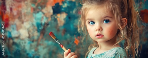 Child holding paintbrush with artistic intent, creative photo