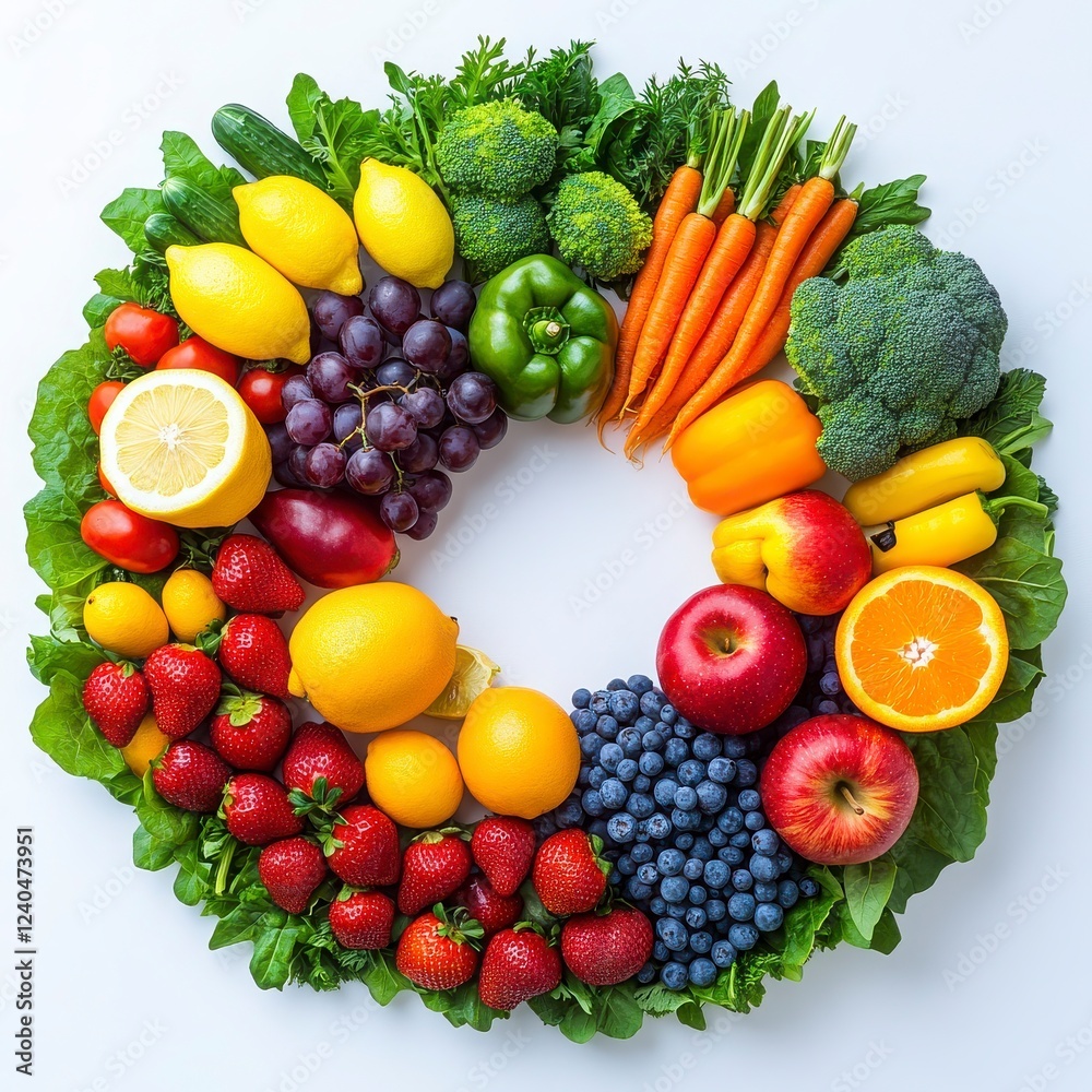 Fresh Fruits and Vegetables Arranged in a Colorful Circle Design Fresh Fruits and Vegetables Arranged in a Colorful Circle Design
